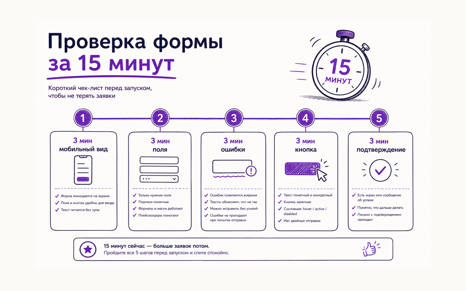 Инфографика: 15-минутная проверка формы сайта перед запуском — мобильный вид, поля, ошибки, кнопка и подтверждение.