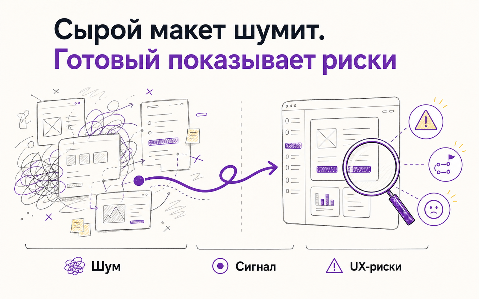 Инфографика: сырой макет создаёт шум, а подготовленный прототип помогает увидеть UX-риски.