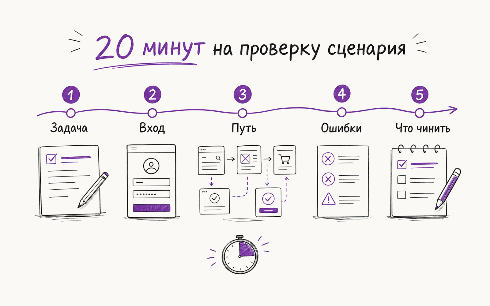 Инфографика: 20-минутная проверка пользовательского сценария через задачу, вход, путь, ошибки и список правок.