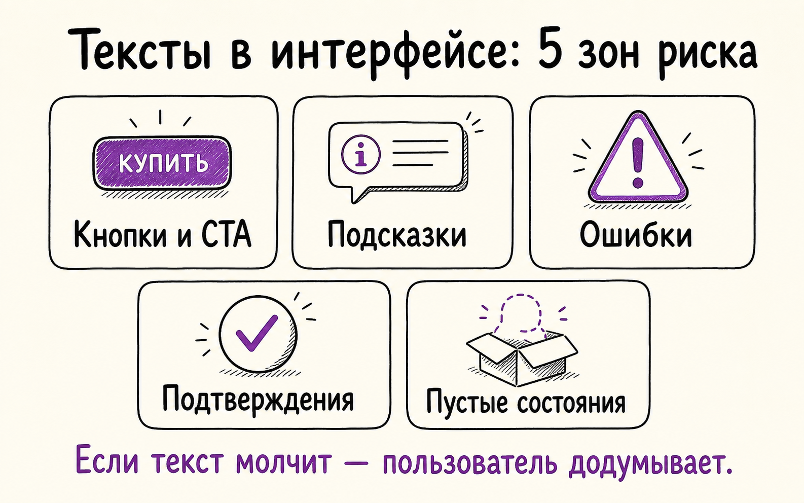 Инфографика: 5 зон риска для текстов в интерфейсе — кнопки, подсказки, ошибки, подтверждения, пустые состояния.