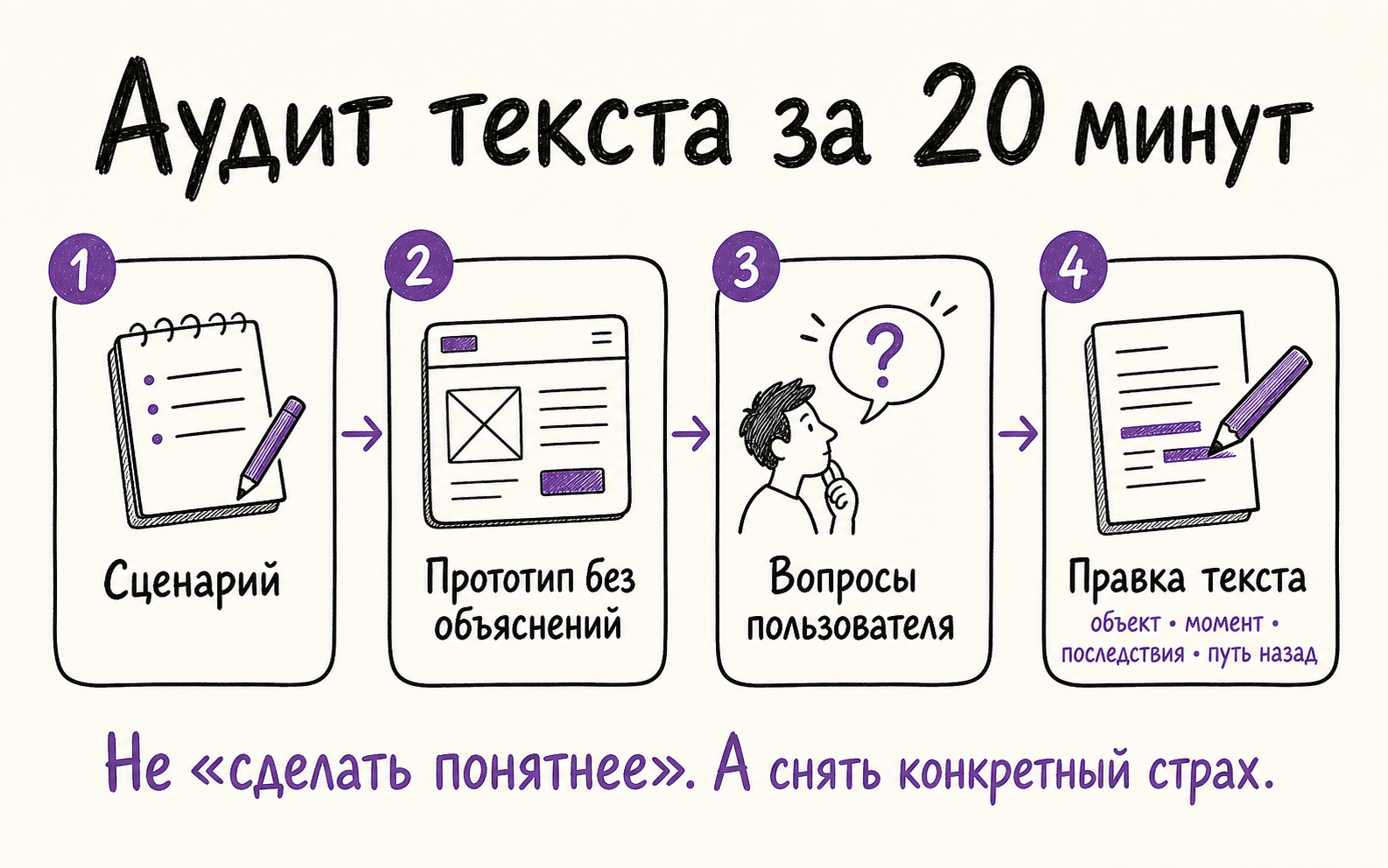 Инфографика: быстрый аудит микрокопирайта в 4 шага — сценарий, прототип, вопросы, правки.