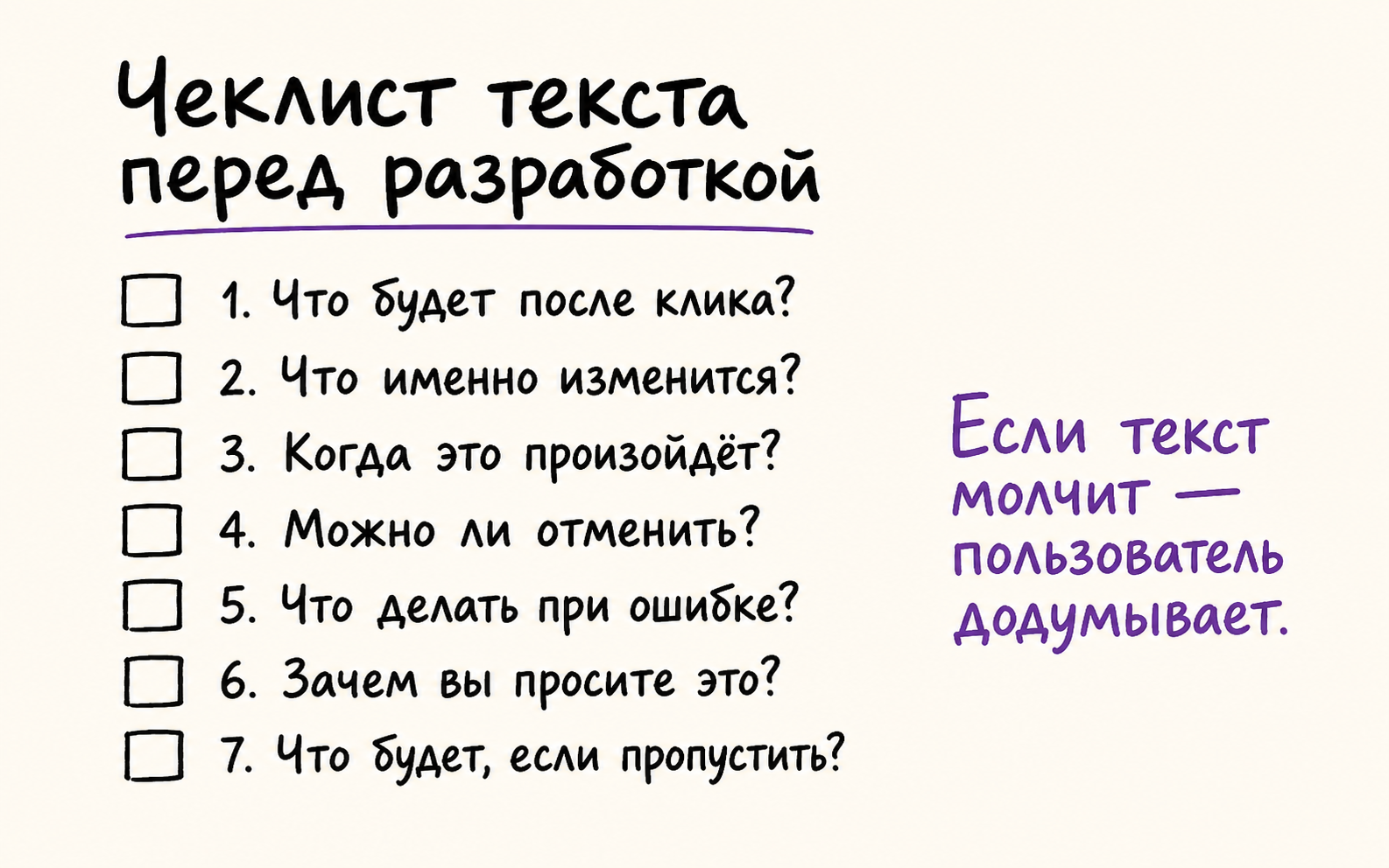Инфографика: чеклист интерфейсного текста перед разработкой — 7 вопросов, которые снимают страх и ошибки.