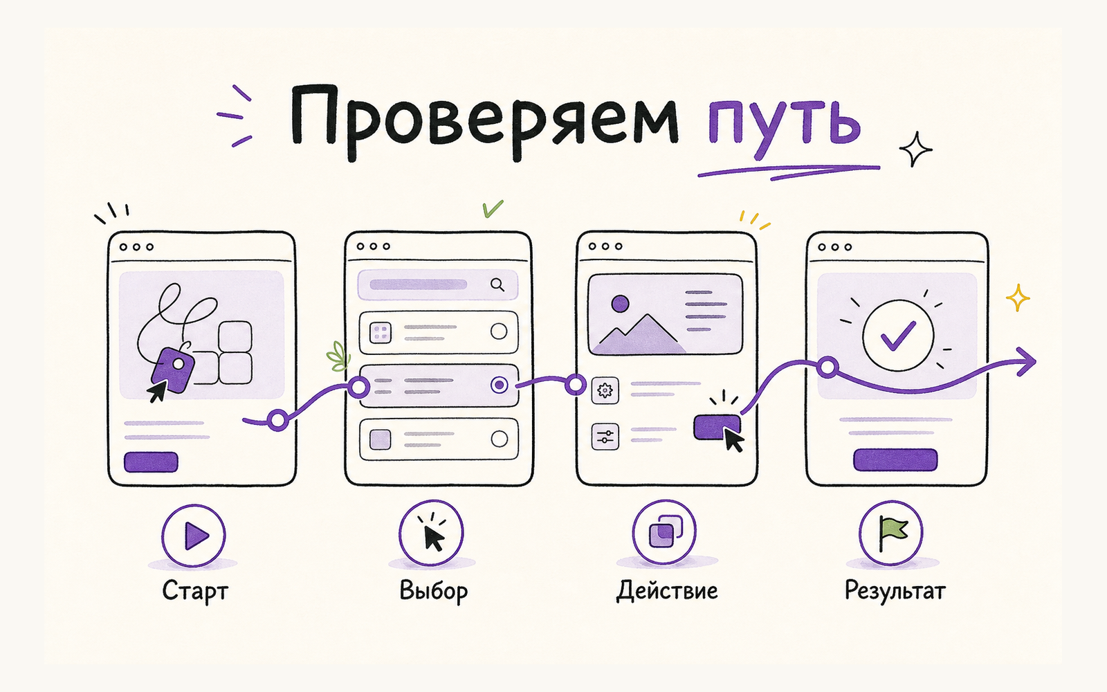 Инфографика: прототип проверяют как путь пользователя от старта до результата, а не как один красивый экран