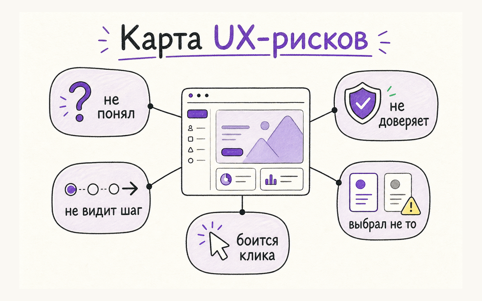 Инфографика: карта UX-рисков прототипа — непонятная ценность, страх клика, похожий выбор, внутренний язык, слабый следующий шаг