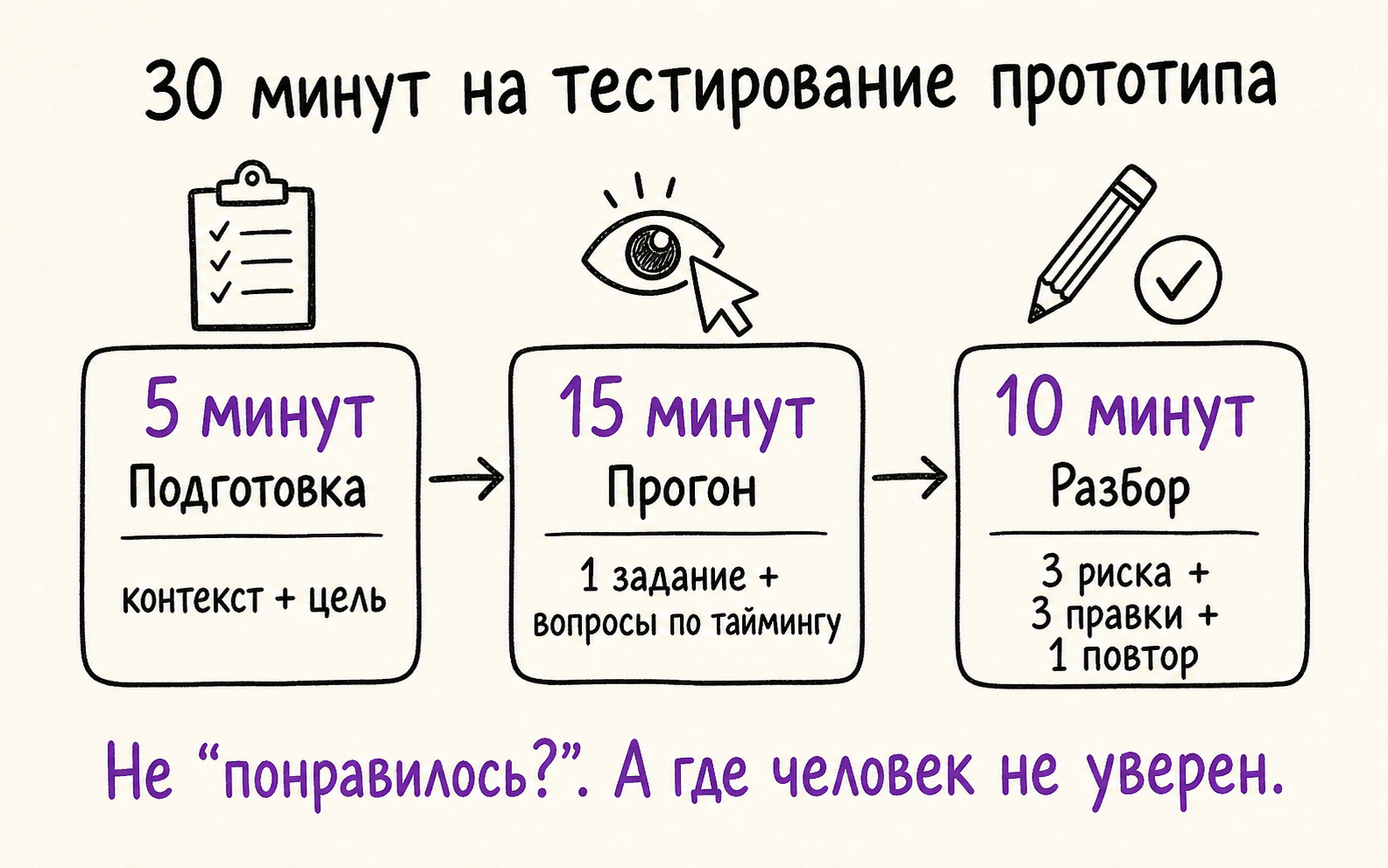 Инфографика: таймлайн на 30 минут для тестирования прототипа — 5 минут подготовка, 15 минут прогон, 10 минут разбор.